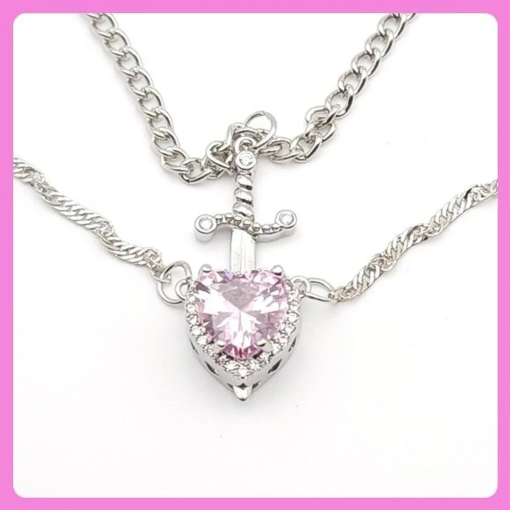 Sword Heart Necklace Set Couples Silver Pink CZ‎ 20-22in Matching